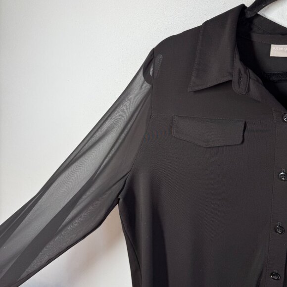 Susan Graver Premier Womens Small Sheer Sleeves Knit Button Front Top Black Flow - Picture 7 of 12